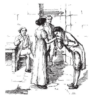 Escape dan cezaevi, bu sahneyi eğdi bir adam ve onun sandalye ve yasaktır ve arkasında, vintage çizgi çizme duran adam oturuyor veya illüstrasyon oyma bir adam önünde kadın ayakta el öpmeye gösterir