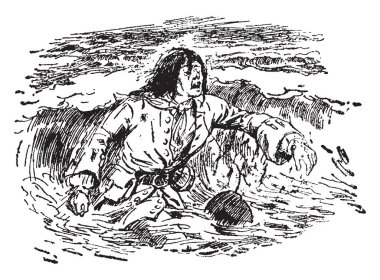 Bir adam hayatını ve güvenli bir şekilde denizden kıyıya, vintage çizgi çizme veya oyma illüstrasyon gelme dışarı için yüzer gemi kazası yazar, bu sahne gösterir