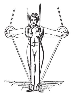 Elleri ve ayakları ile tutarak halkada egzersiz çocuk. Elleri omuz satır ve açık, vintage çizgi çizme veya oyma illüstrasyon çekmek.