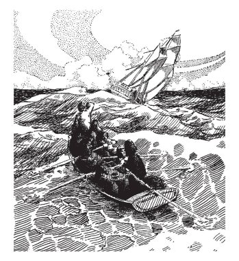 Henry Hudson, işte küçük tekne üç insanlar oturuyor ve gemi deniz, vintage çizgi çizme veya oyma illüstrasyon ortasında yelken tilt bakıyorlar