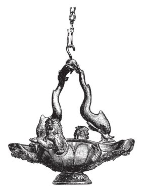 Bu resimde bronz lamba, vintage çizgi çizme veya oyma illüstrasyon temsil eder..
