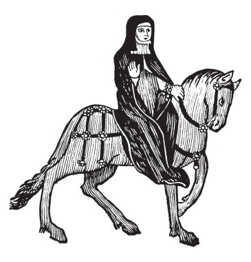 The Prioress from Chaucer's Canterbury Tales, this picture shows The Prioress riding on horse and raising right hand, vintage line drawing or engraving illustration clipart