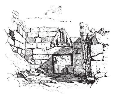 Mycenae, Agamemnon, Yunan, tarih, mitoloji, Mycenae kapısı, vintage çizgi çizme veya oyma illüstrasyon kapısı