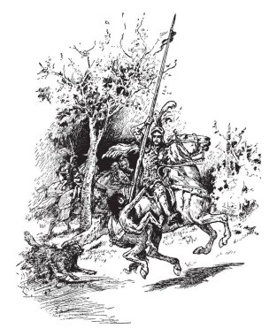 Bir binicilik ve at ve knight, vintage çizgi çizme veya oyma illüstrasyon tutarak bir çocukla bir cirit tutan bir şövalye