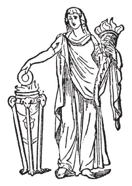 Vesta, yangın ve Ocak, vintage çizgi çizme veya oyma illüstrasyon tanrıçası olarak kabul Roma ' nın seçkin bir ilahiyat eski bir resmini.