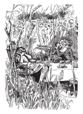 Bağırarak oturan bir adam ve küçük kız sandalyede oturan elleri kulak ve arka plan, vintage çizgi çizme veya oyma illüstrasyon bazı hayvanlarda bir adama bakarak devam etti 