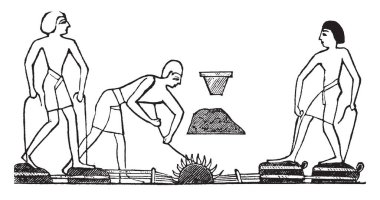 Bu resimde Mısır körük kullanımı ısı eritme fırını, vintage çizgi çizme veya oyma illüstrasyon nerede körük temsil eder..