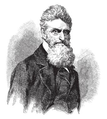 John Brown, 1800-1859, bir Amerikalı köle hakları savunucusu olduğunu, Harpers Ferry 1858 yılında kurtuluş hareketi başlatmak için vintage çizgi çizme veya oyma illüstrasyon federal silah deposuna baskın led
