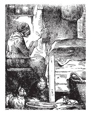 Yatak ve bir şey elinde tutan, kedi ve ördek sandalye, vintage çizgi çizme veya oyma illüstrasyon yakınındaki yakın sandalyede oturan yaşlı bir kadın