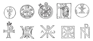 Monograms of Christ, whose origin goes back (except for the first two) in the first centuries of the Church, vintage engraved illustration. Industrial encyclopedia E.-O. Lami - 1875 clipart