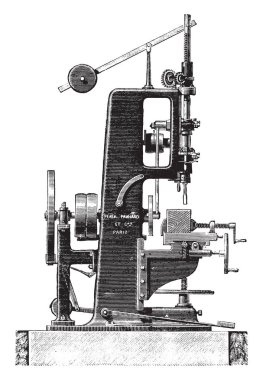 Yiv açma makinesi, profil görünümü, vintage oyulmuş illüstrasyon. Endüstriyel ansiklopedi E.-O. Lami - 1875