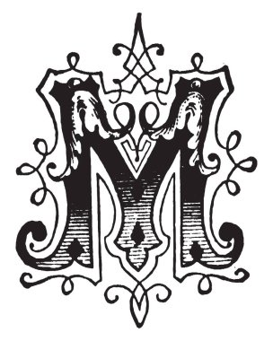 Dekoratif harf M, vintage çizgi çizme veya oyma illüstrasyon