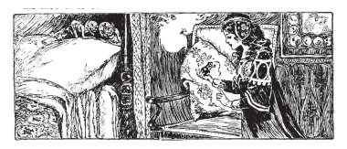 Sandalyeyi yanına ayakta ve kurbağa elinde, kurbağa, elfler yatak ve ona, bakarken yakın bakarak elinde Prenses vintage satır çizim veya illüstrasyon oyma