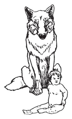 Mowgli'nın kardeşler, bu resimde zemin ve kurt onu, vintage çizgi çizme veya oyma illüstrasyon arkasında oturan bebek gösterilmektedir.