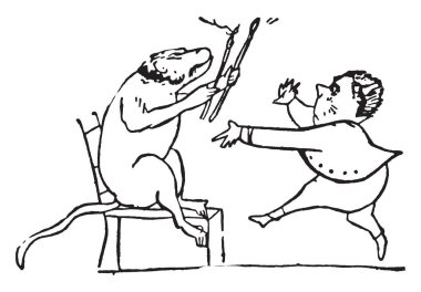 Edward Lear, bu sahneyi sandalyede oturan ve bir şey tutan bir hayvan gösterir ve hayvan, vintage çizgi çizme doğru yürüyüş veya illüstrasyon oyma dostum
