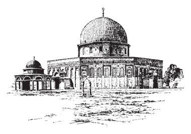 Ömer en eski Camii ve Islam'ın en kutsal Camii bu. Yarı daire çatı, vintage çizgi çizme veya oyma resimde bulunan.