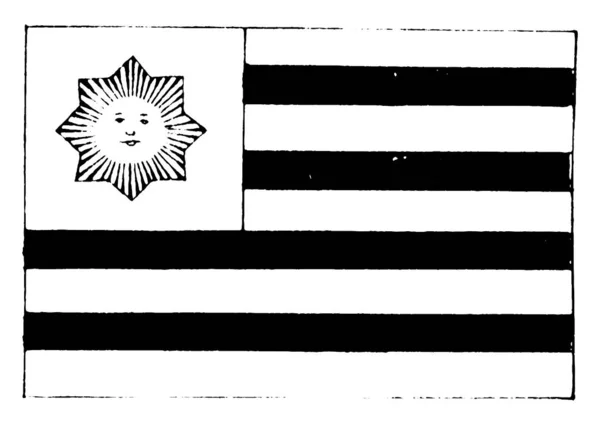 乌拉圭 1923年 这面旗帜有九个相等的水平条纹白色 顶部和底部 交替与蓝色 一个黄色的太阳轴承人脸在白色的小行政区 复古线图画或雕刻插图 — 图库矢量图片