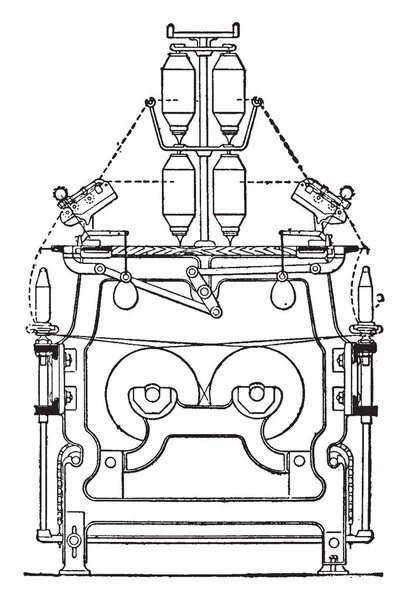 Esta Ilustración Representa Cómo Trabajar Máquina Hilar Dibujo Línea Vintage — Vector de stock