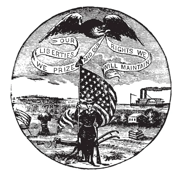 美国爱荷华州的官方印章在 1889年 一个士兵站在麦田 采矿和运输包围 与河流背景 复古线条画或雕刻插图 — 图库矢量图片