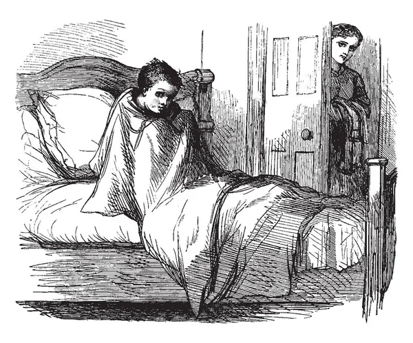 Ein Kind Das Bett Sitzt Und Eine Frau Die Hinter — Stockvektor