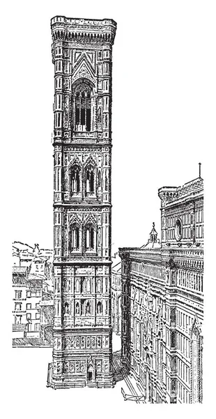 乔托的坎帕尼莱站在大教堂广场上 复杂的建筑 丰富的雕塑装饰 复古线条画或雕刻插图 — 图库矢量图片