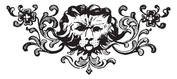 狮子头在植物的中心 它是一个古董设计 复古线条画或雕刻 — 图库矢量图片