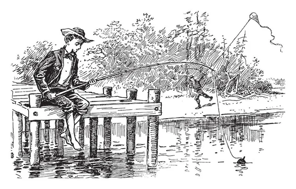 Niño Está Sentado Puente Madera Está Tratando Agarrar Peces Dibujo — Archivo Imágenes Vectoriales