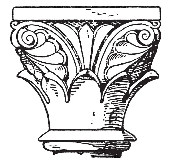 罗马式首都 让人联想到古色古香的风格 罗马式建筑 复古线条绘画或雕刻插图 — 图库矢量图片