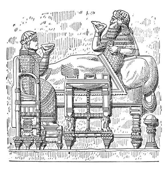 Праздник Царя Асархаддона Дневная Кровать Стол Стул Ассирийский Винтажные Гравированные — стоковый вектор