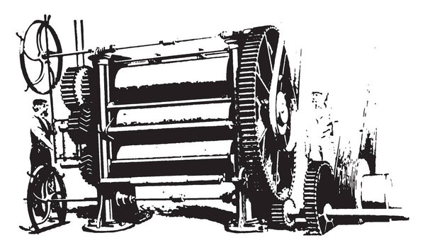 This illustration represents Machine which used for making Chaffee, vintage line drawing or engraving illustration.