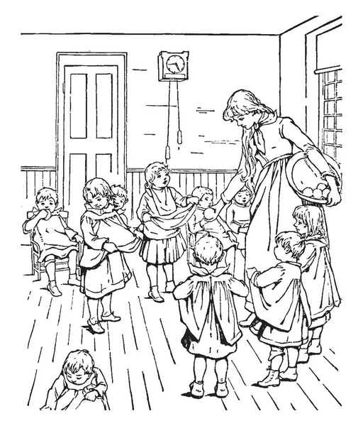 老式风格的妇女给孩子们水果的插图 — 图库矢量图片