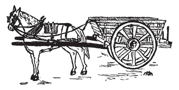 马和车 在那里 马拉车是由一匹马或一队马 老式线条画或雕刻插图拉扯的机械化设备 — 图库矢量图片