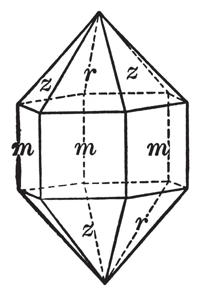 この図は石英を表し それは正と負の Rhombohedron ビンテージの線描画や彫刻イラストの組み合わせ — ストックベクタ