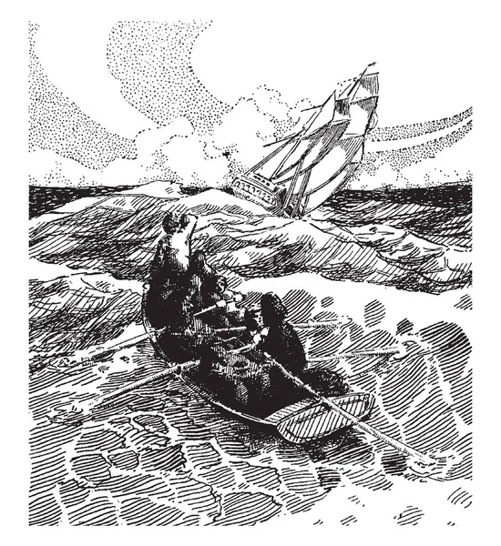 ヘンリー ハドソンはある小さなボートに 人が座っているし ビンテージの線の描画や彫刻の図の真ん中に帆船の傾きを見ています — ストックベクタ