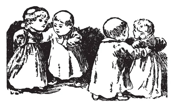 苗圃节奏 这一幕显示 四个孩子 两个孩子一起站在右边聊天 另外两个孩子一起站在左边聊天 复古线画或雕刻插图 — 图库矢量图片