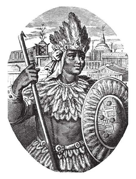 Montezuma Était Empereur Aztèque Roi Tenochtitlan Dessin Ligne Vintage Illustration — Image vectorielle