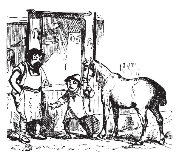 John Smith Scene Shows Little Man Standing Horse Holding Halter — Stock Vector