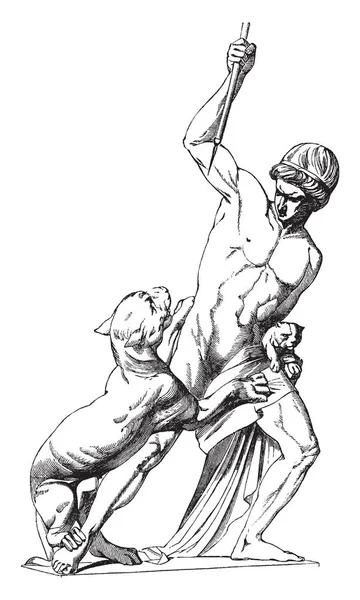 Группа Статуй Представляет Человека Защищающегося Тигрицы Рисунка Винтажной Линии Гравировки — стоковый вектор