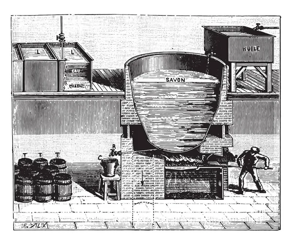 Chaudière Pour Fabrication Savon Doux Illustration Gravée Vintage Encyclopédie Industrielle — Image vectorielle