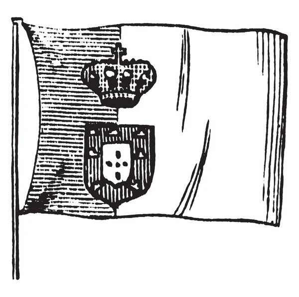 葡萄牙国旗 1881 这旗分为两个立式带 冠和盾立式线 复古线条画或雕刻插图 — 图库矢量图片