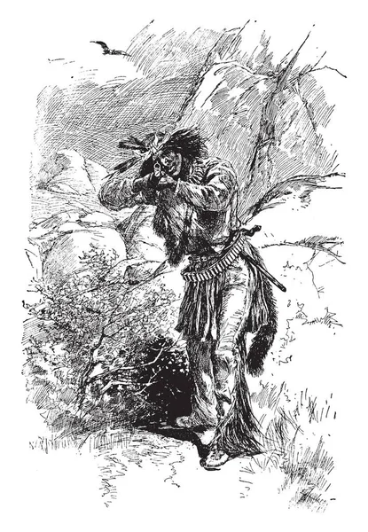 Bojovník Pistolí Kmene Apache Vintage Kreslení Čar Nebo Gravírování Obrázku — Stockový vektor