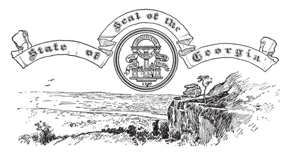美国格鲁吉亚印章 在圆圈三列智慧 正义和适度 和一个人的剑 和山的背景下 复古线条画或雕刻插图 — 图库矢量图片