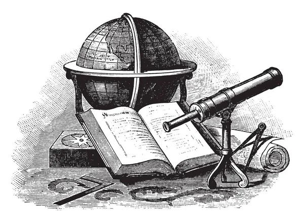 Nature Morte Avec Globe Comprend Télescope Diviseur Carte Roulée Livre — Image vectorielle