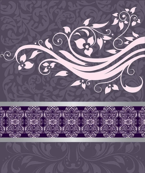 華やかなエレガントなレトロな抽象的な花柄 淡いピンクと灰色がかった紫の花とリボンとテキスト ラベルと淡い紫色の背景に葉を持つヴィンテージの招待状 ベクトル図 — ストックベクタ