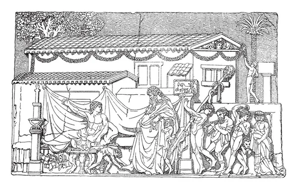 Image Dionysus Visiting Poet Vintage Line Drawing Engraving Illustration — Stock Vector