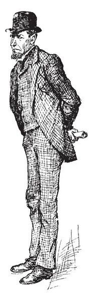 Мужчина Хорошо Одетой Одежде Шляпой Голове Рисунок Винтажной Линии Гравировка — стоковый вектор