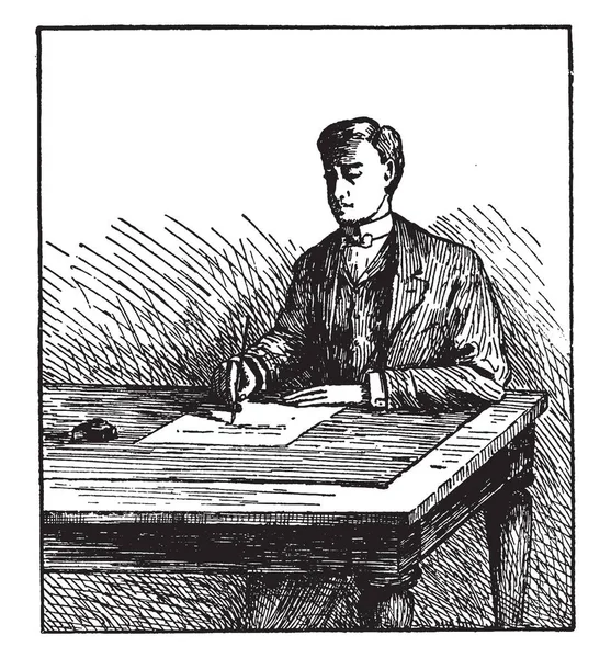 Homme Écrivant Table Assis Table Écrivant Écrivant Avec Stylo Encre — Image vectorielle