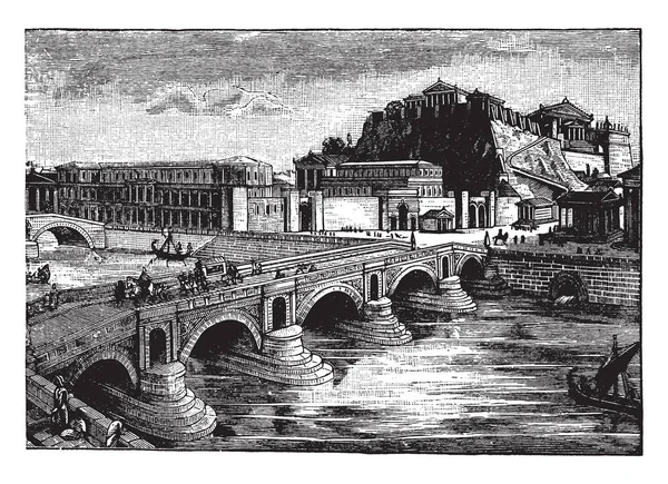 フォーラムとローマの七丘の カンプス マルティウスの間のローマのカピトリーノの丘英単語キャピトル派生 ビンテージの線描画や彫刻イラスト — ストックベクタ