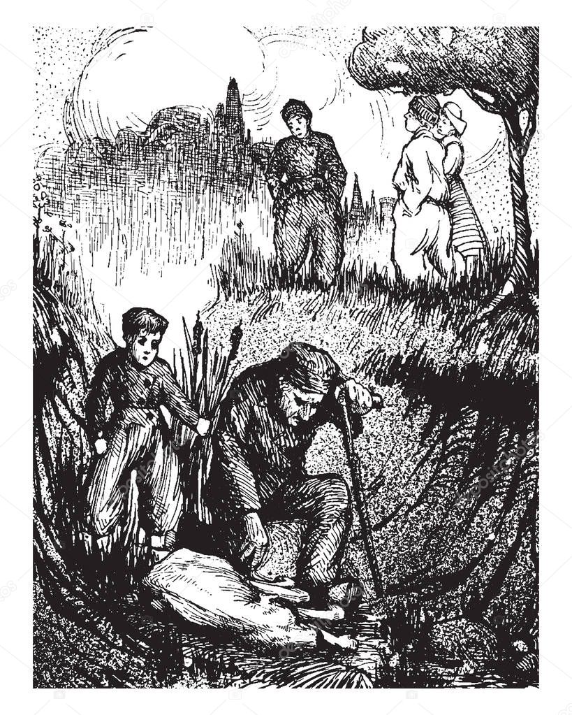 Dog of Flanders, this scene shows dog slept on ground, a man and child watching dog, other people are walking, vintage line drawing or engraving illustration