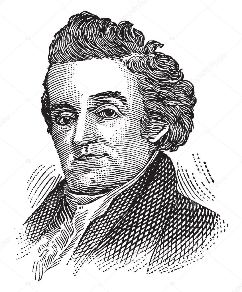 Noah Webster, 1758-1843, he was an American lexicographer, political writer, editor, and author, vintage line drawing or engraving illustration